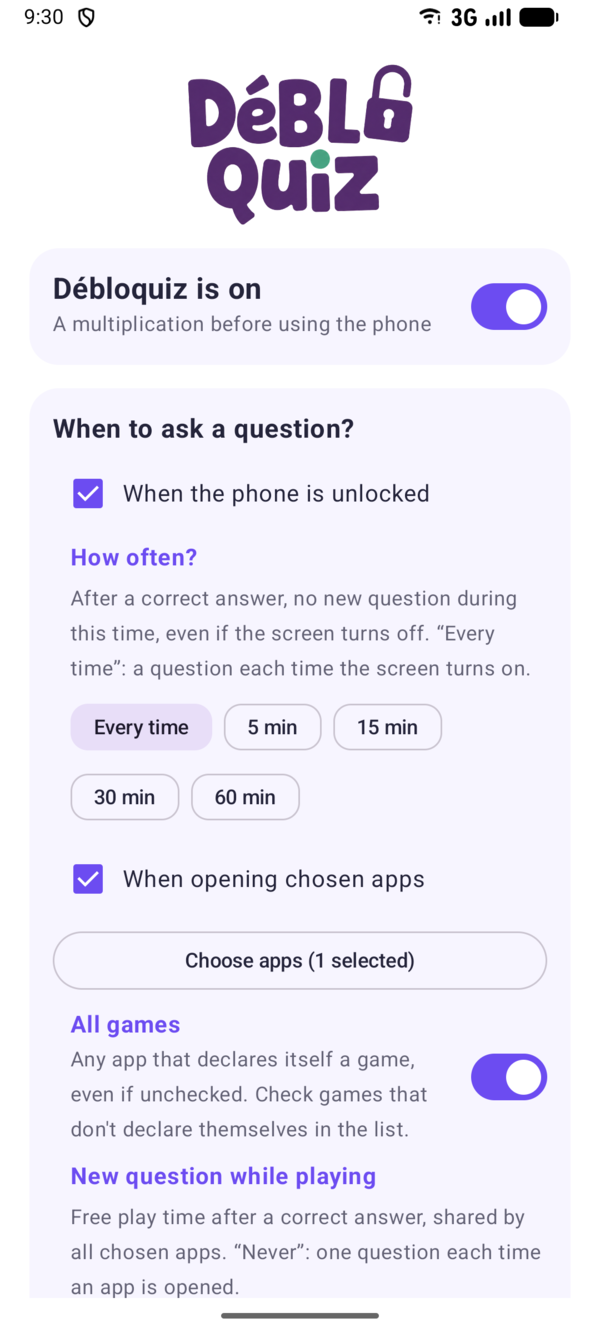 Parent area: on/off switch, triggers and how often questions come
