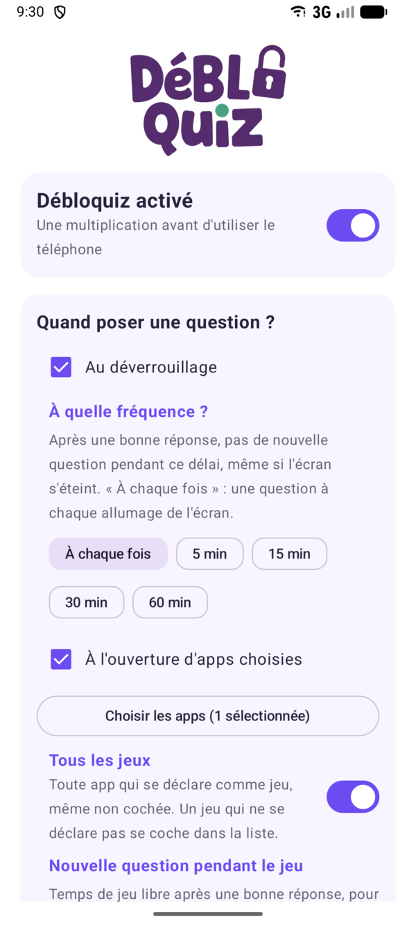 Espace parent : activation, déclencheurs et fréquence des questions