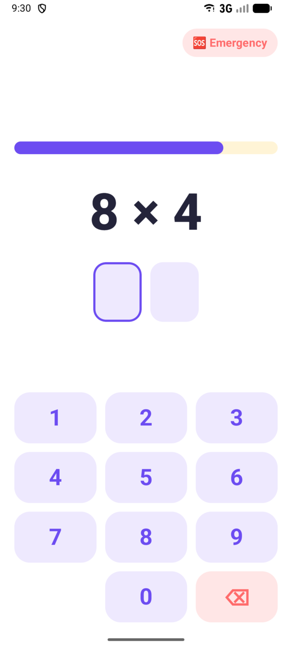 Quiz screen: 8 × 4, with the timer and the number pad