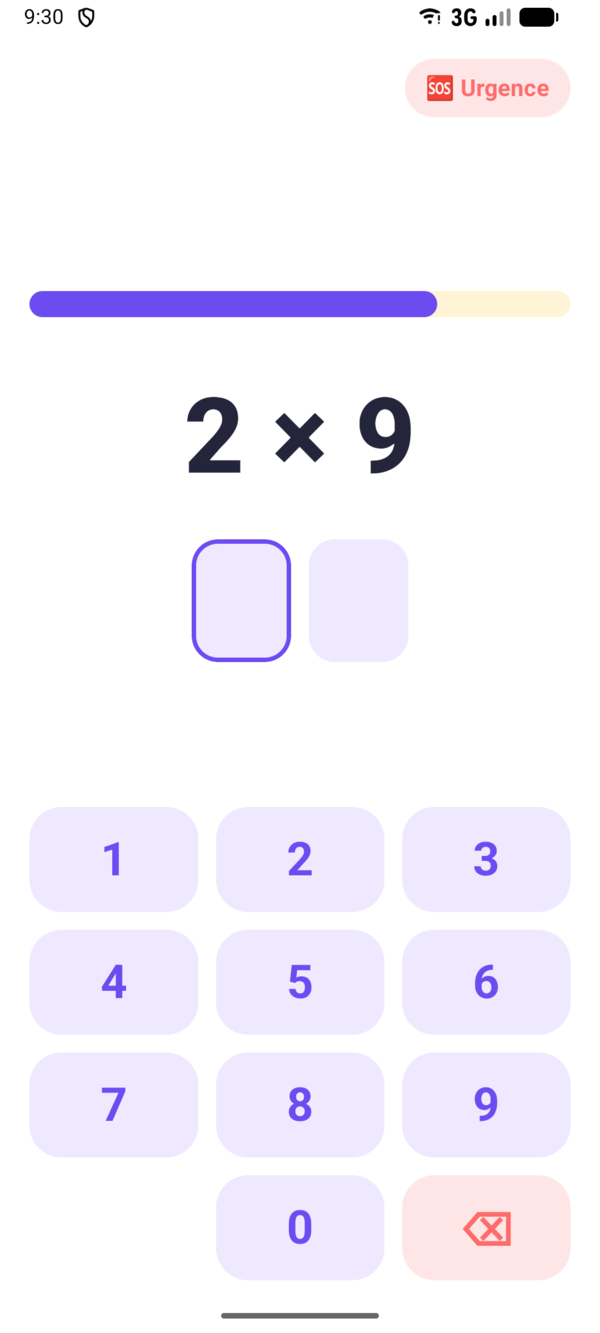 Écran de quiz : 2 × 9, avec le chrono et le pavé numérique