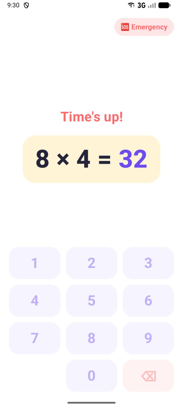 Time's up: the correct answer 8 × 4 = 32 is shown in big letters