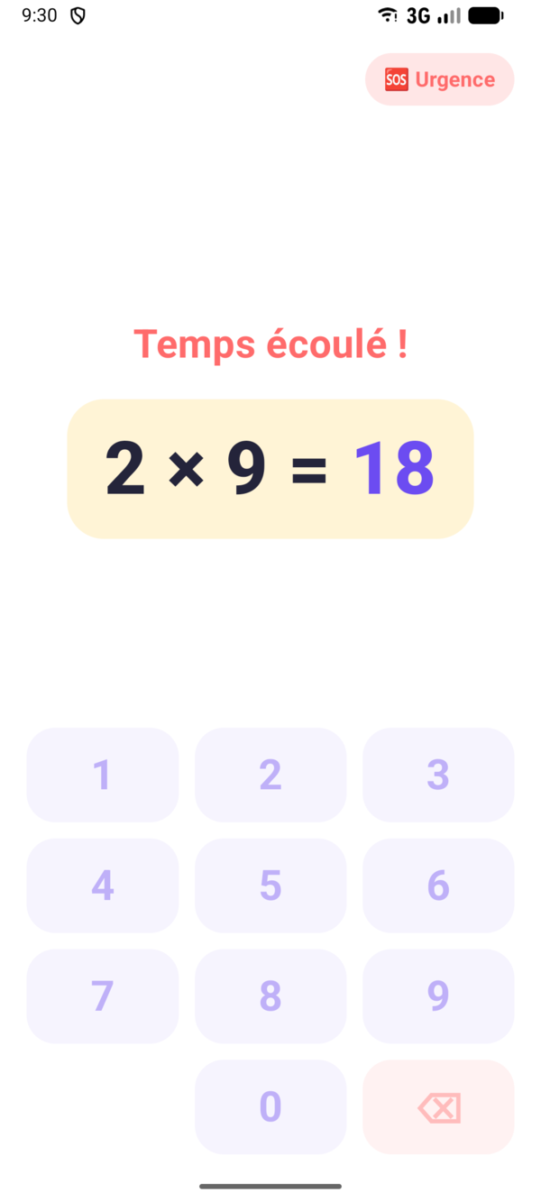 Temps écoulé : la bonne réponse 2 × 9 = 18 s'affiche en grand