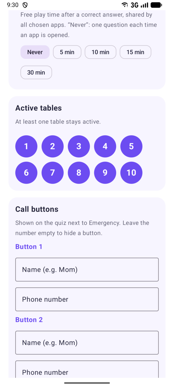 Settings: active times tables from 1 to 10 and call buttons
