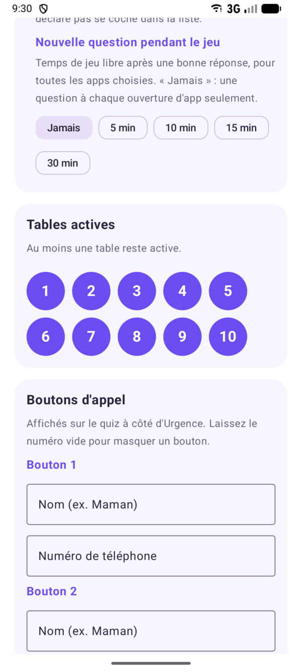 Réglages : tables actives de 1 à 10 et boutons d'appel